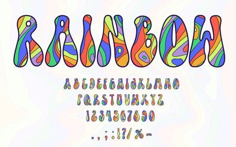 Psychedelic rainbow font, 70s groovy alphabet type Stock Illustration