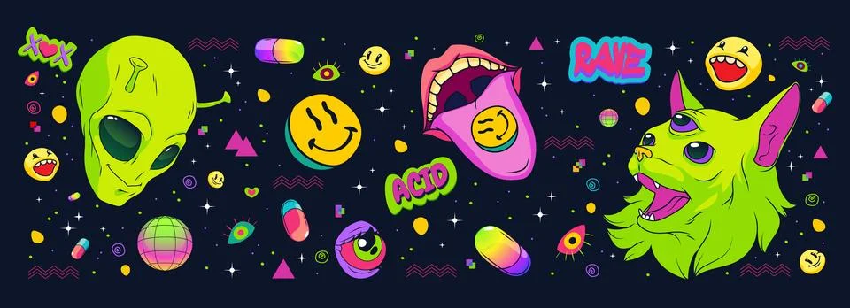 Psychedelic rave style seamless pattern Stock Illustration