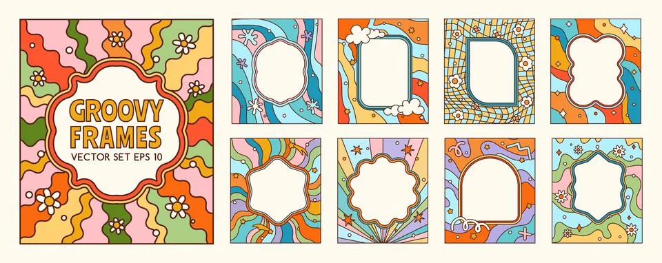 Psychedelic retro groovy cartoon frames or borders Stock Illustration
