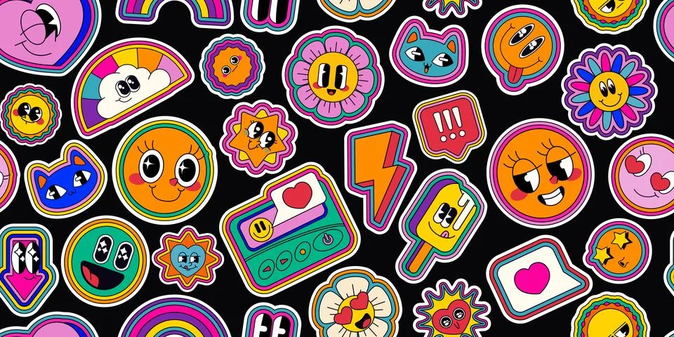 Psychedelic retro pop emoticon pattern Stock Illustration