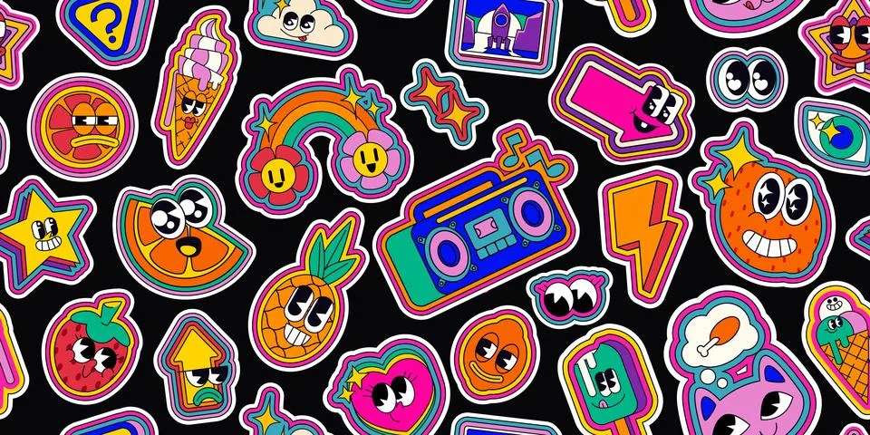 Psychedelic retro pop emoticon pattern Stock Illustration