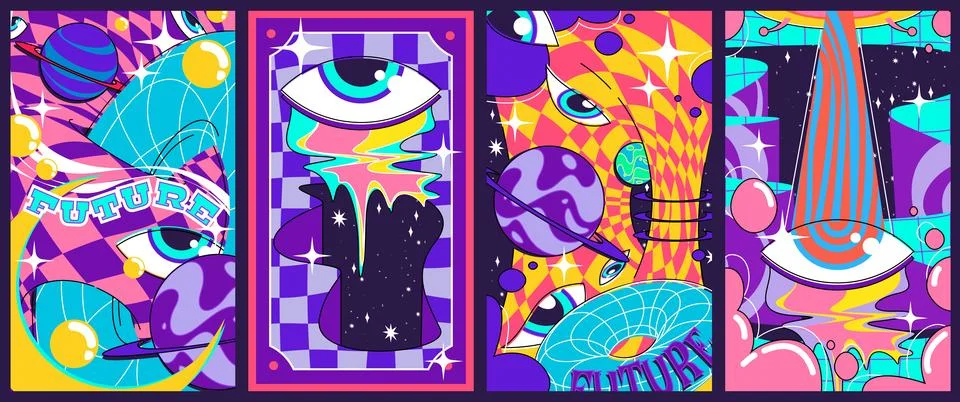 Psychedelic retro posters set with abstract shapes Illustrazione stock