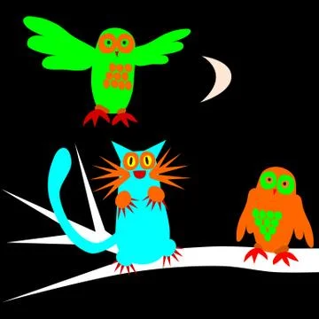 Psychedelic scary owls and cat under waxing moon Stock Illustration