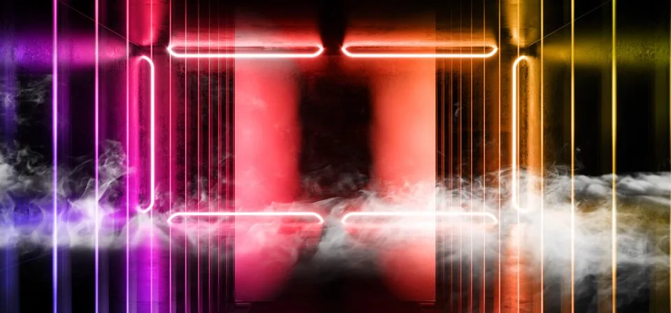 Psychedelic Sci Fi Smoke Neon Laser Spaceship Future Dark Corridor Glowing Bl 스톡 일러스트