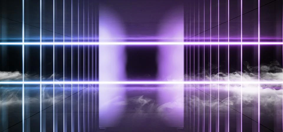 Psychedelic Sci Fi Smoke Neon Laser Spaceship Future Dark Corridor Glowing Bl Illustrazione stock