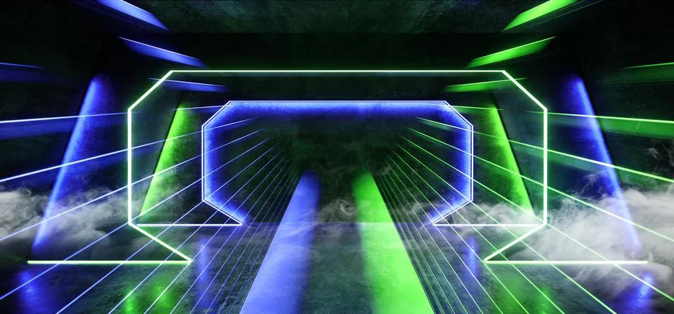Psychedelic Sci Fi Smoke Neon Laser Spaceship Future Dark Corridor Glowing Gr 스톡 일러스트