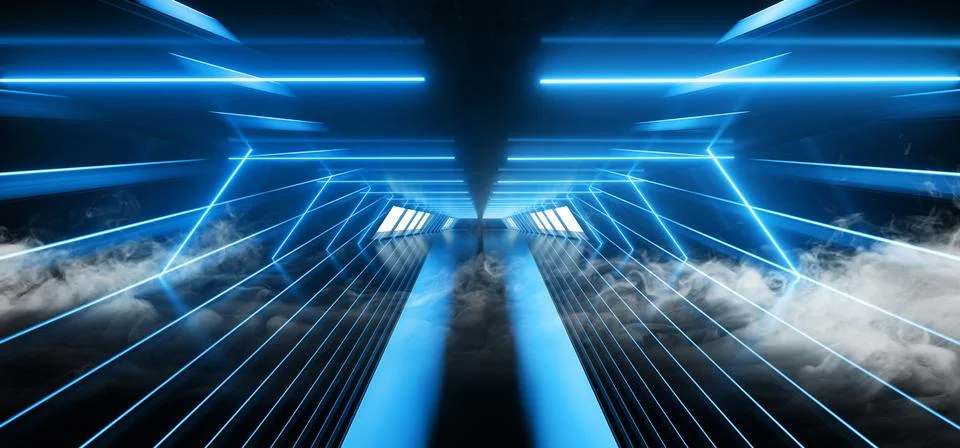 Psychedelic Sci Fi Smoke Neon Laser Spaceship Future Dark Corridor Glowing Bl 스톡 일러스트