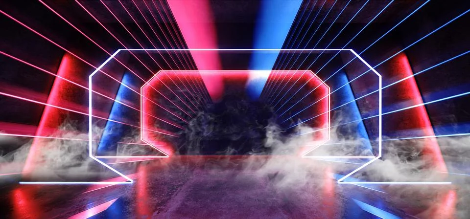 Psychedelic Sci Fi Smoke Neon Laser Spaceship Future Dark Corridor Glowing Pu 스톡 일러스트