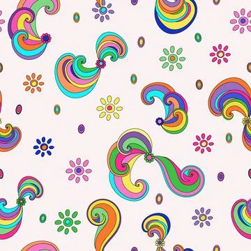 Psychedelic seamless doodle pattern. Decorative elements, spirals, flowers. Illustrazione stock