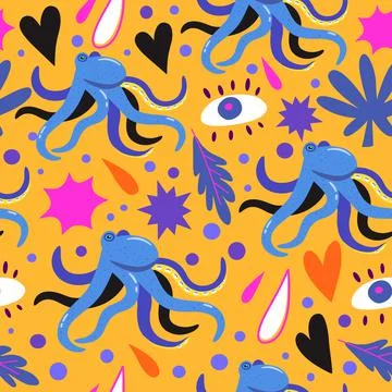 Psychedelic seamless pattern with doodle colorful design elements. Abstract Stock Illustration