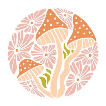 Psychedelic sticker or print concept in round shape.Pastel fly agarics woth Illustrazione stock