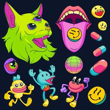 Psychedelic stickers with drugs, weird creatures Stock Illustration