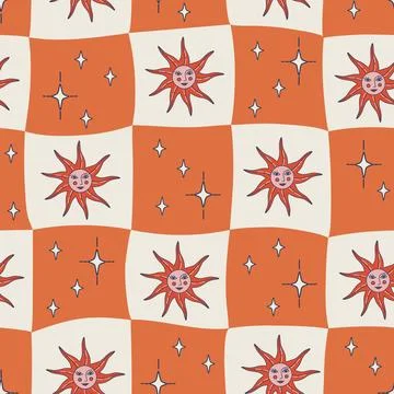 Psychedelic Sun seamless pattern. Retro style background. Stock Illustration
