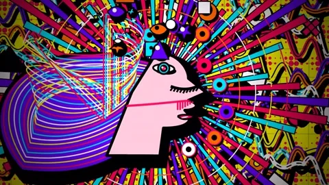 Psychedelic Surreal Animation Of Abstract Face With Geometric Shapes Stock Footage 341174707