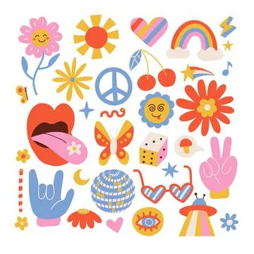 Psychedelic symbols set. Weird abstract funny elements for surreal trip. 70s and Stock Illustration