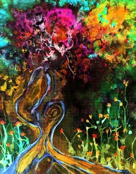 Psychedelic tree of life with sakura. The dabbing technique near the edges gi Illustration