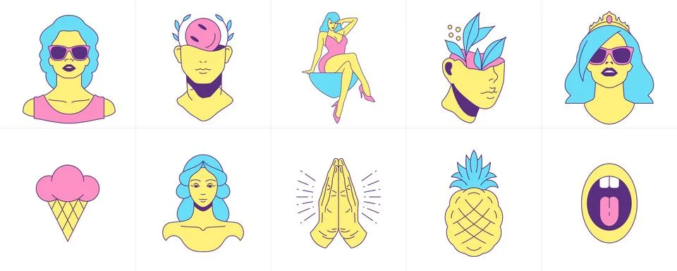 Psychedelic trendy comic sticker funny cartoon characters food and elements g Illustrazione stock