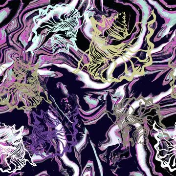 Psychedelic trendy seamless pattern with Fluid Art in violet tones. Stock Illustration