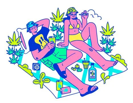 Psychedelic trip party. Rave camp, Characters drinking alcohol, Stock Illustration