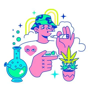 Psychedelic trip party. Rave camp, Character drinking alcohol, Stock Illustration