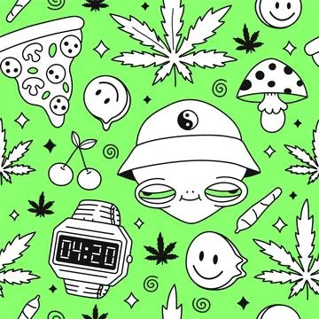 Psychedelic trippy alien,pizza seamless pattern art.Weed,mushroom,cherry,weed Stock Illustration