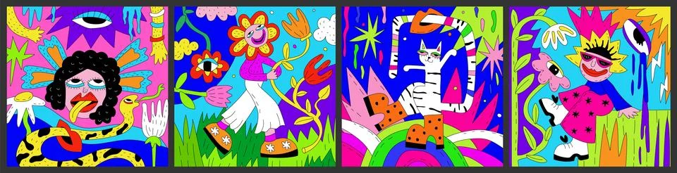 Psychedelic trippy patch. Groovy funky background. Acid abstract pattern fram Stock Illustration