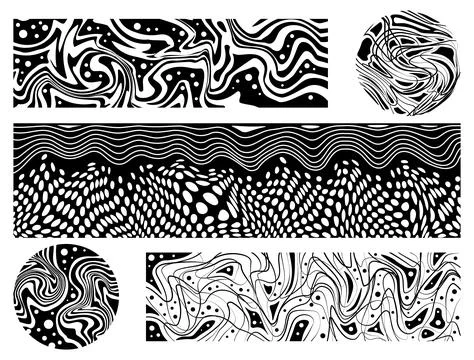 Psychedelic trippy patterns set. Groovy and liquid ornaments. Minimalist Stockillustratie