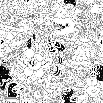 Psychedelic trippy seamless pattern art.Mushroom,magic wizard smoking,melt smile Stock Illustration