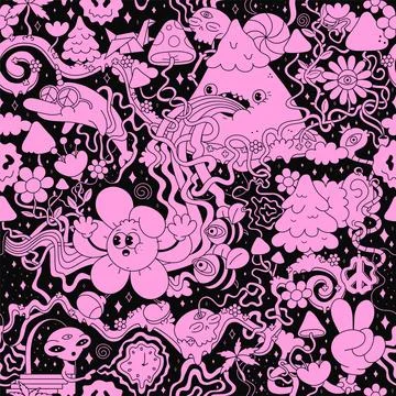 Psychedelic trippy seamless pattern art.Mushroom,magic wizard smoking,melt smile Stock Illustration