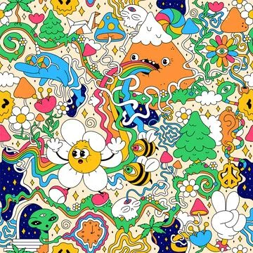 Psychedelic trippy seamless pattern art.Mushroom,magic wizard smoking,melt smile Stock Illustration