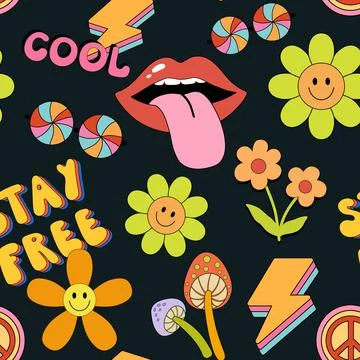 Psychedelic trippy seamless pattern. Mushroom, lips and smiling daisy on dark Stock Illustration