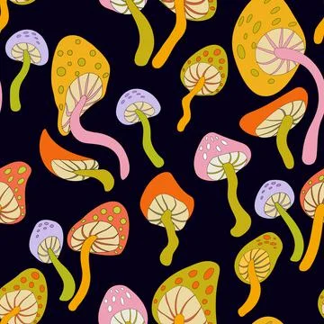 Psychedelic trippy seamless pattern with mushrooms. Trippy 60s mushroom cannabis Stock Illustration
