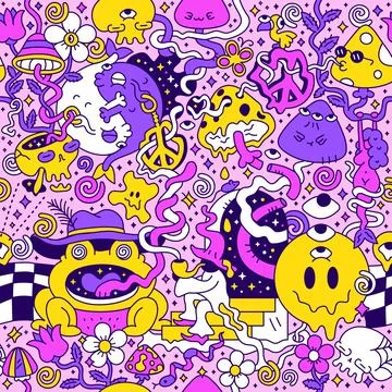 Psychedelic trippy seamless pattern.Mushroom,magic wizard smoking,melt smile Stock Illustration