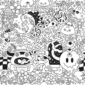 Psychedelic trippy seamless pattern,page for coloring book.Mushroom,magic wizard Stock Illustration