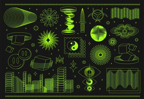 Psychedelic trippy set. Vector modern neon line style cartoon character logo Stock Illustration