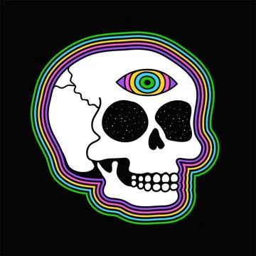 Psychedelic trippy skull with open third eye. Vector hand drawn doodle line Stock Illustration