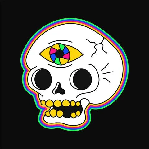 Psychedelic trippy skull with open third eye. Vector hand drawn doodle line Stock Illustration