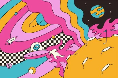 Psychedelic trippy space background with flying rocket, flaming UFO and orange Stock-Illustration