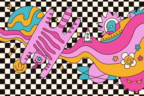 Psychedelic trippy space background with weird stretched cat, rocket and alien Stock Illustration