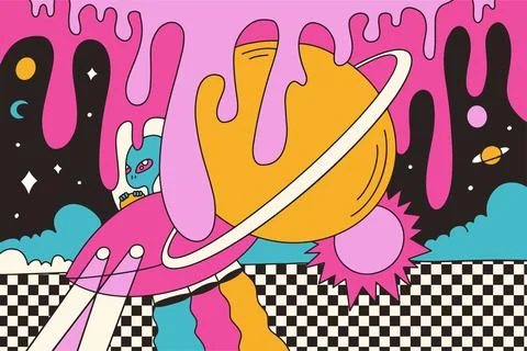 Psychedelic trippy space landscape with alien sitting on melting planet Saturn Stock Illustration