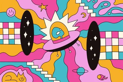 Psychedelic trippy space poster with floating UFO, alien and melting weird cat Stock Illustration