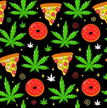 Psychedelic trippy weed,pizza,donuts seamless pattern. Vector cartoon character Stock Illustration