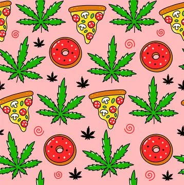 Psychedelic trippy weed,pizza,donuts seamless pattern. Vector cartoon character Stock Illustration