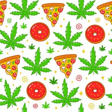 Psychedelic trippy weed,pizza,donuts seamless pattern. Vector cartoon character Stock Illustration