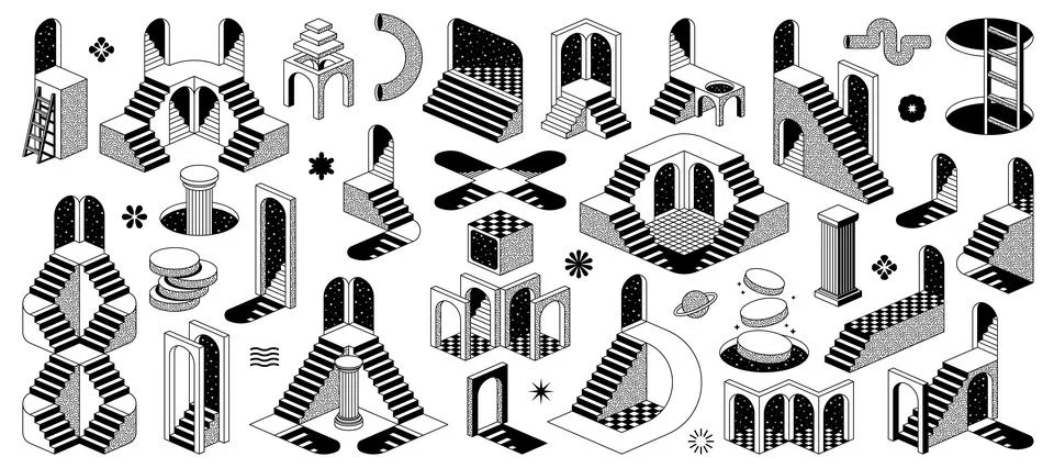Psychedelic trippy y2k elements and surreal stairs 库存插图