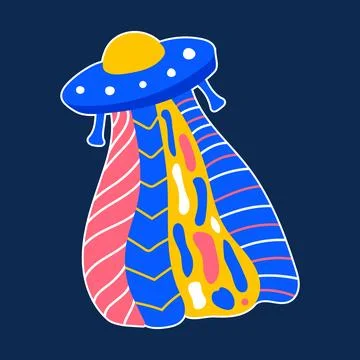 Psychedelic UFO in space. Alien ship in the galaxy. Flying saucer with abst.. Stock Illustration