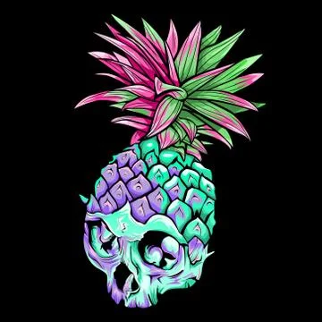 Psychedelic vector skull pineapple. Exotic tropical fruit. Sketch,print. Pop Stock Illustration