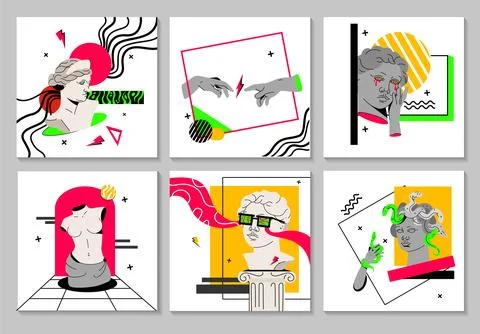 Psychedelic vector square trendy posters with antique sculpture, surreal Stock Illustration