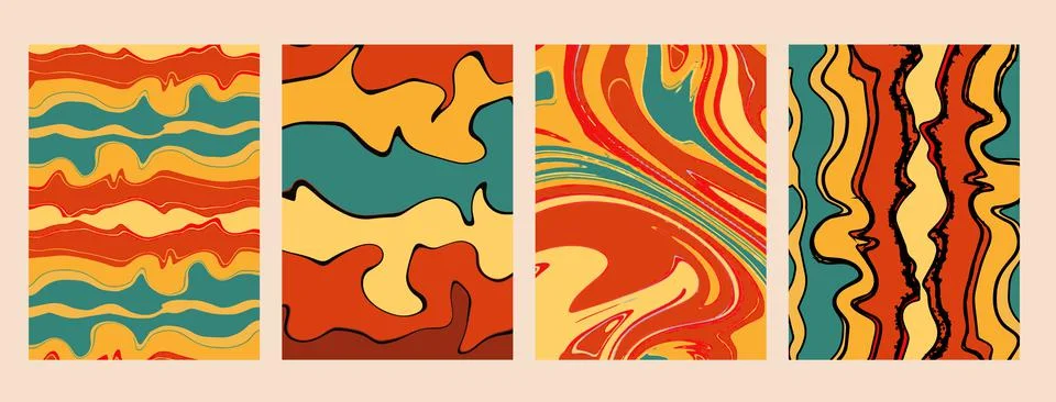 Psychedelic waves pattern retro 70s set of posters, backgrounds for your design 스톡 일러스트