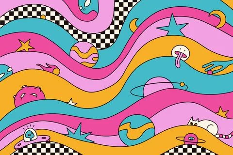 Psychedelic wavy pattern with melting planets, weird cats and UFO. Trippy space Stock Illustration